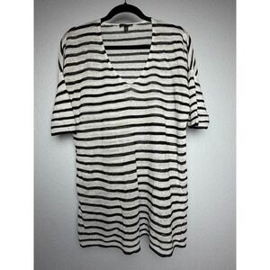 Eileen Fisher Knit Top Women's Small White Black Striped V-Neck‎ Quiet Luxury